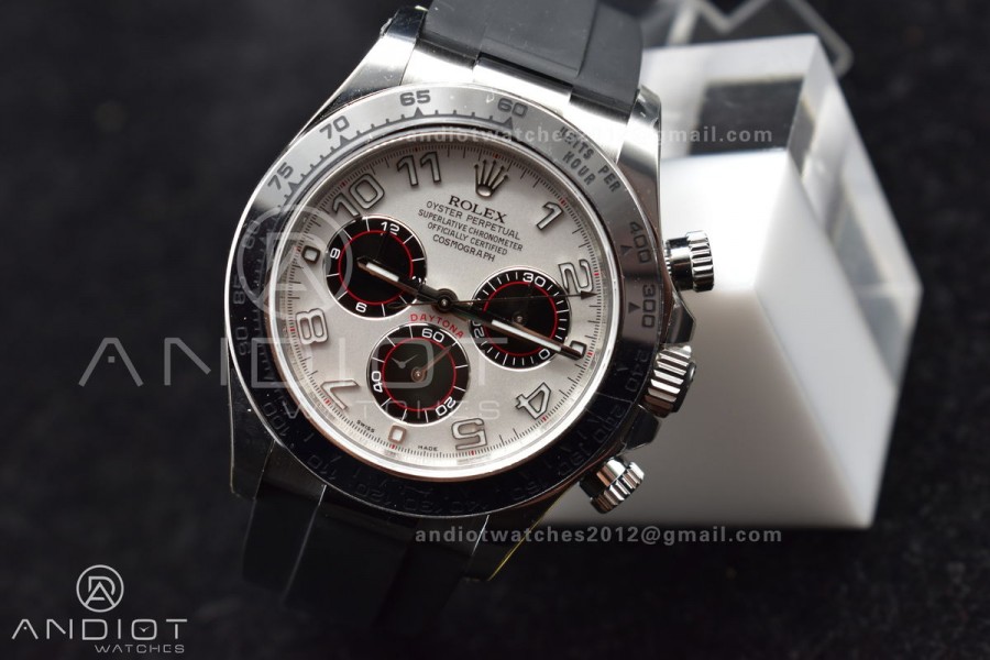 Daytona 116519 Clean 1:1 Best Edition 904L SS Case Silver/Black Dial on Rubber Strap SA4130 V2