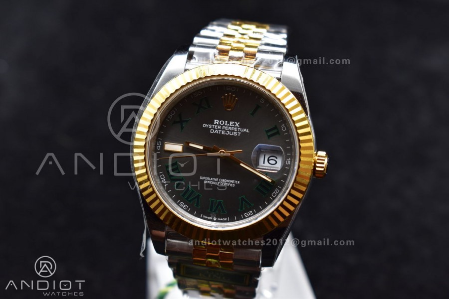DateJust 41 SS/YG Fluted Bezel KING 1:1 Best Edition 904L Steel Gray Dial Green Roman on Jubilee Bracelet VR3235