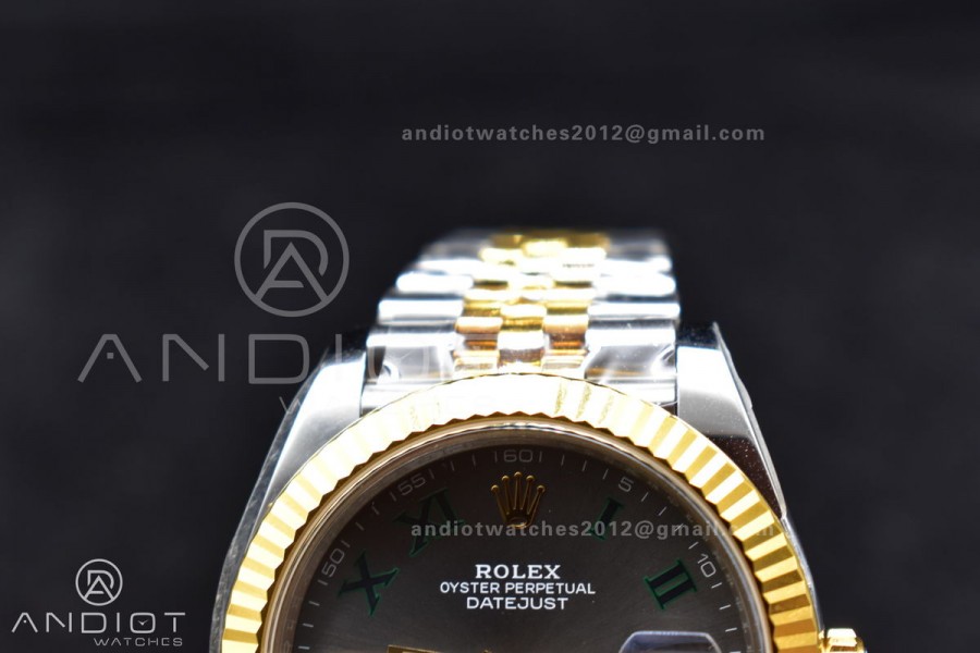 DateJust 41 SS/YG Fluted Bezel KING 1:1 Best Edition 904L Steel Gray Dial Green Roman on Jubilee Bracelet VR3235
