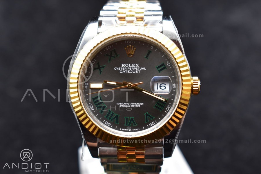 DateJust 41 SS/YG Fluted Bezel KING 1:1 Best Edition 904L Steel Gray Dial Green Roman on Jubilee Bracelet VR3235