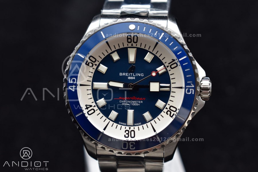 SuperOcean Automatic 44 TF 1:1 Best Edition Blue Ceramic Bezel Blue/White Dial on SS Bracelet A2824