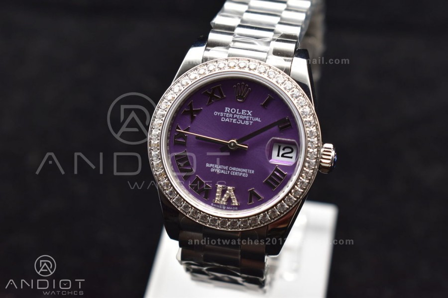DateJust 31 Ladies 278289 BPF 316L Steel Diamonds Bezel Purple Dial Roman Markers on President Style Bracelet