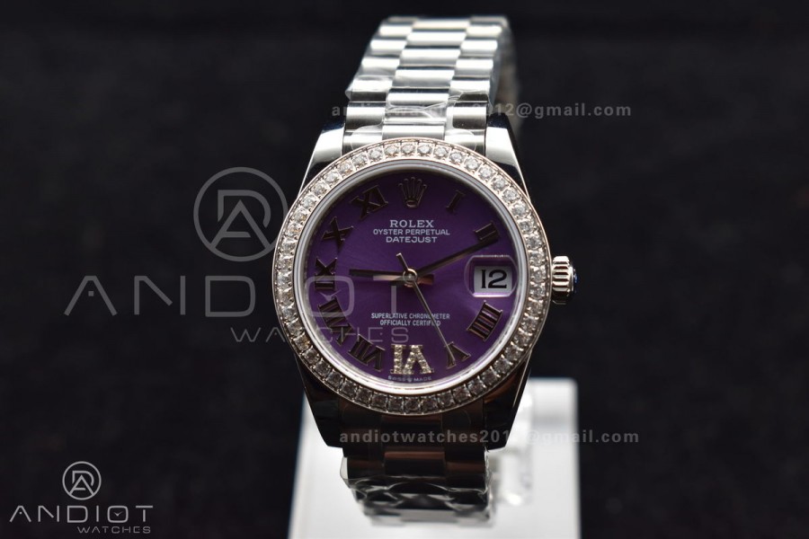 DateJust 31 Ladies 278289 BPF 316L Steel Diamonds Bezel Purple Dial Roman Markers on President Style Bracelet
