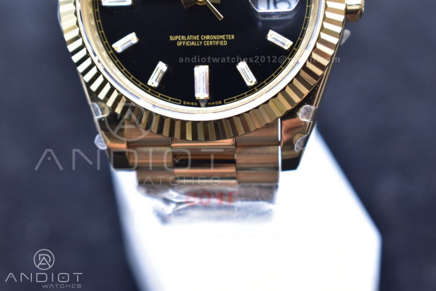 DayDate 40 YG GMF Plated 904L Steel Black Dial Crystal Markers On President Bracelet A2836 V2