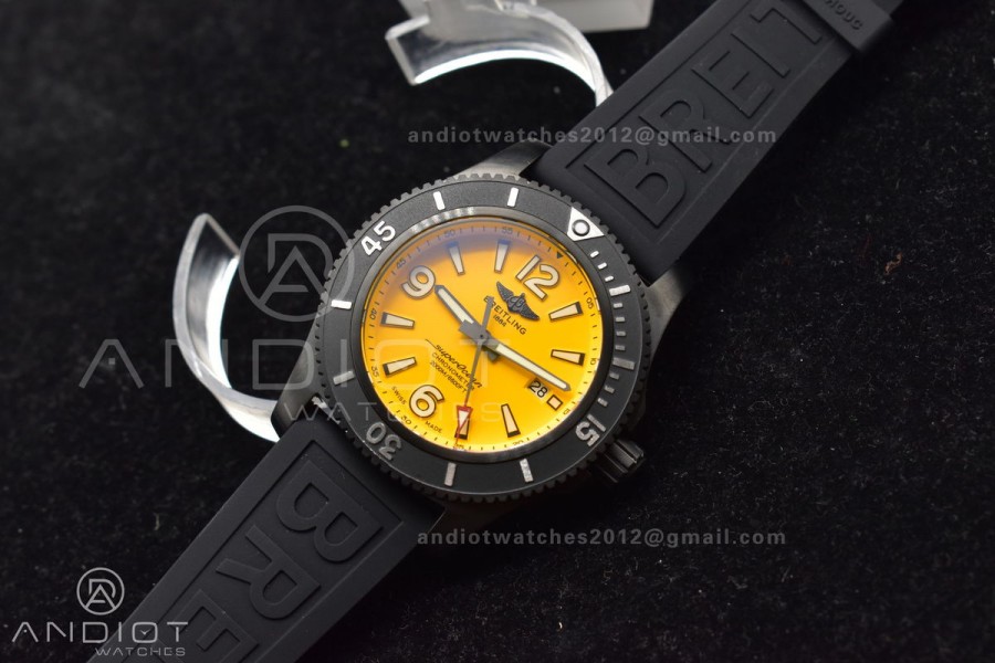 Superocean Automatic 44 TF 1:1 Best Edition Yellow Dial Black Bezel on Black Rubber Strap A2824