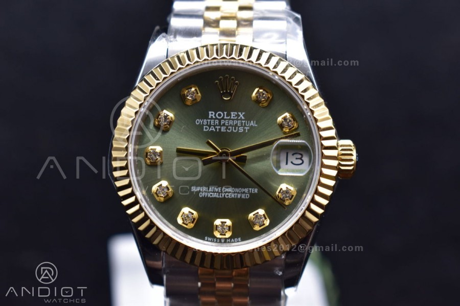 DateJust 31 Ladies 278289 WF 316L Steel Green Dial Fluted Bezel and Markers on President Syle Bracelet