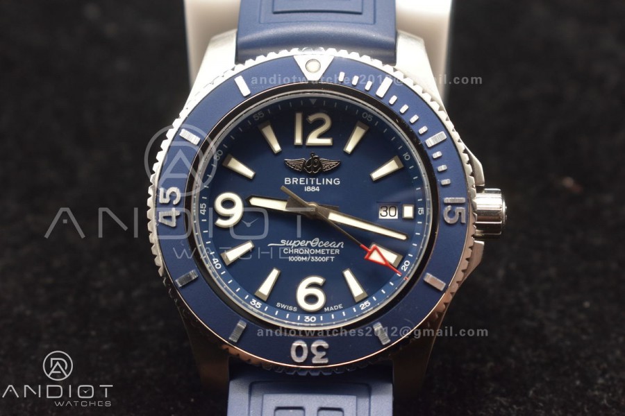 Superocean Automatic 44 TF 1:1 Best Edition Blue Dial Black Bezel On Black Rubber Strap A2824