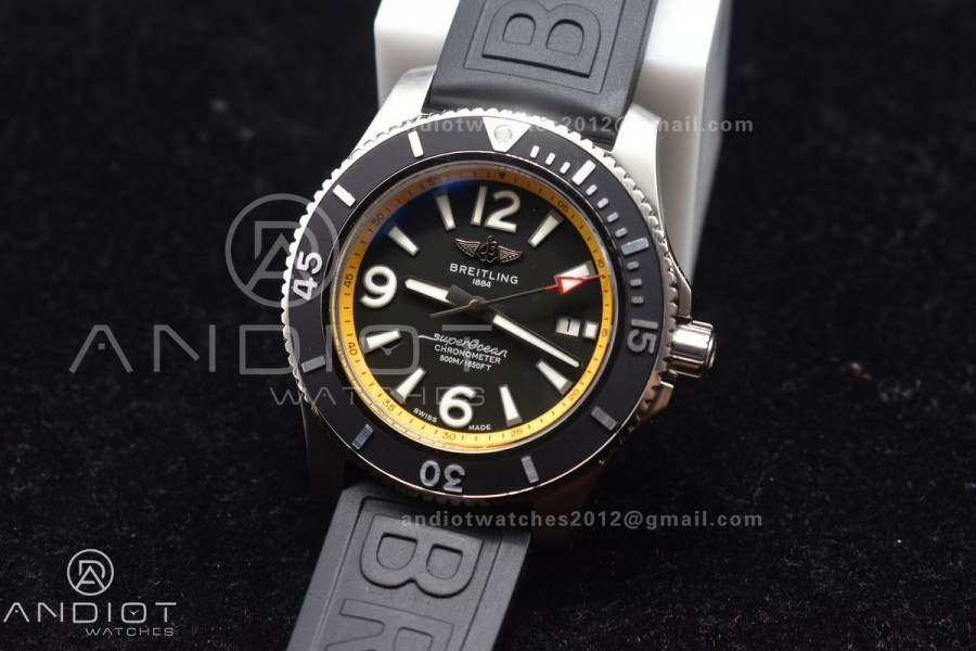 Superocean Automatic 44 TF 1:1 Best Edition Black Dial and Bezel with Yellow Rehaut On Black Rubber Strap A2824