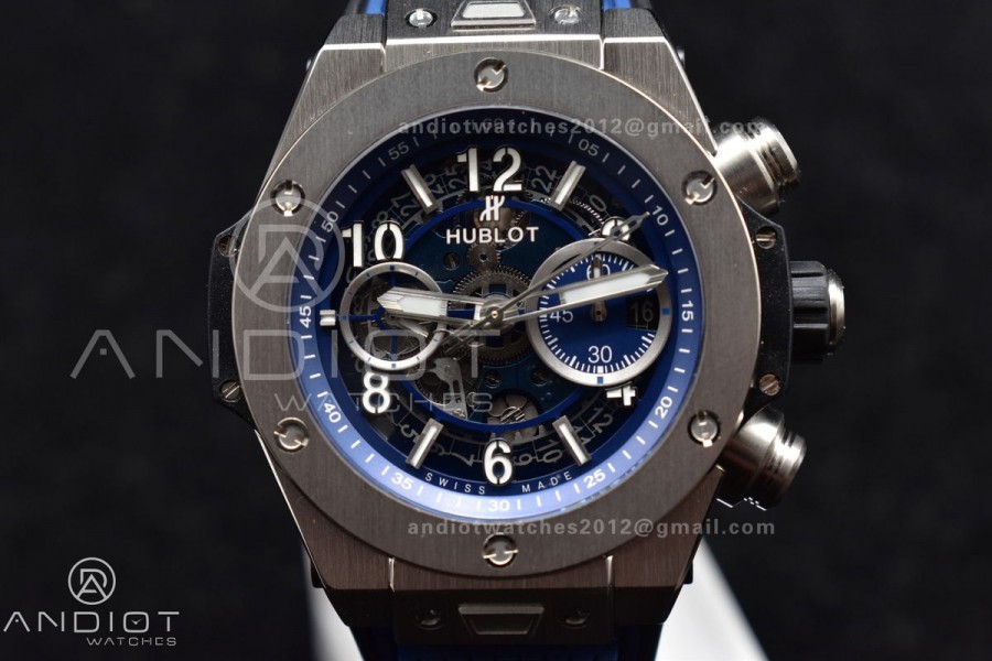 Hublot Big Bang Unico Titanium ZF 1:1 Best Edition Blue Skeleton Dial on Blue Rubber Strap A1280
