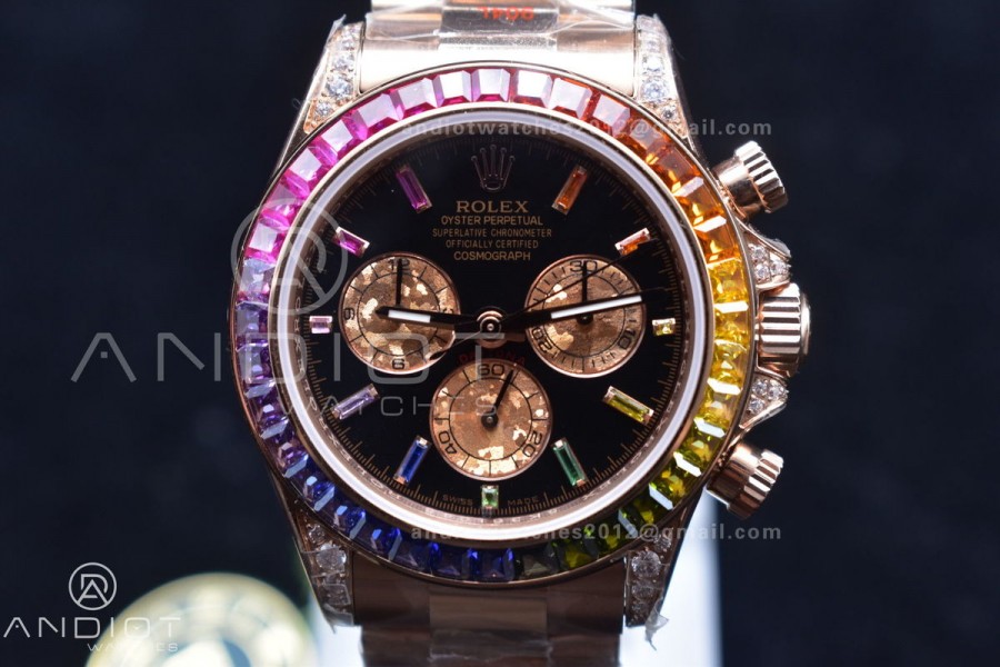 Daytona 116595RBOW RG Rainbow Crystal TWF Best Edition Black Dial on YG Bracelet A7750