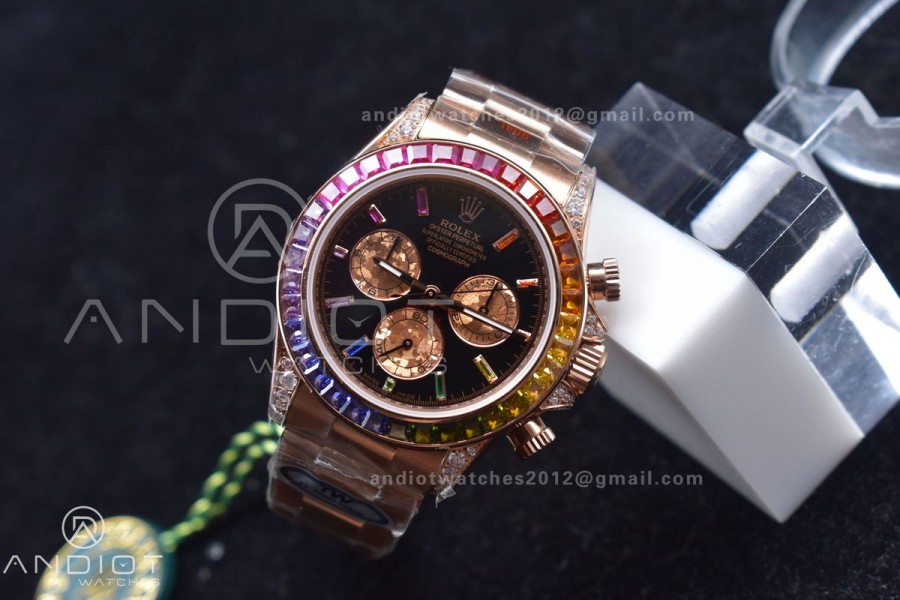 Daytona 116595RBOW RG Rainbow Crystal TWF Best Edition Black Dial on YG Bracelet A7750