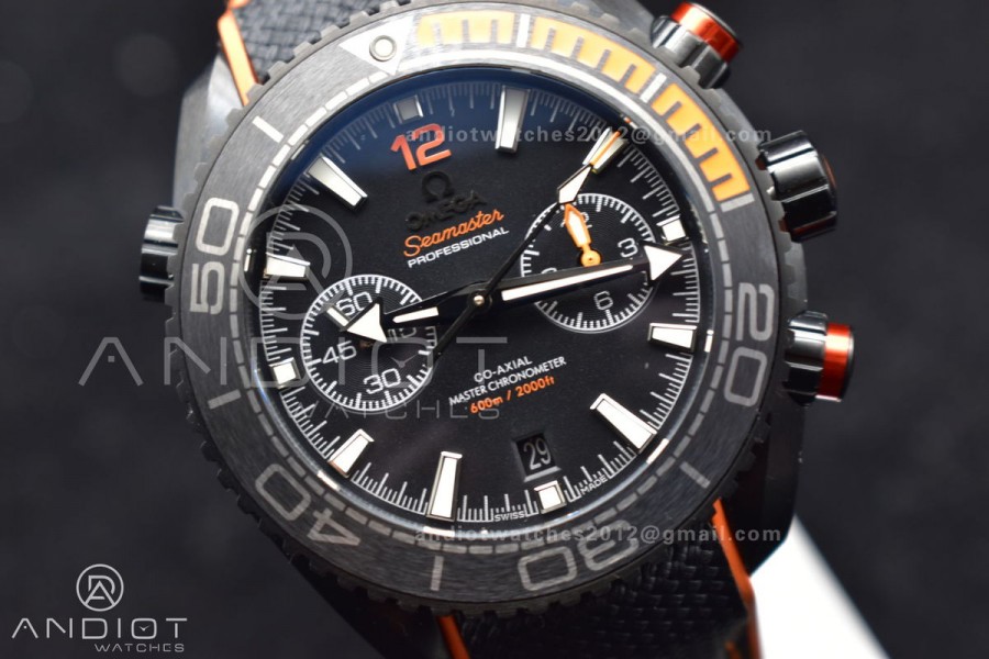 Planet Ocean Master Chronometer OMF DLC Black/Orange Bezel Black Dial on Black Nylon Strap A9900 (Black Balance Wheel) 