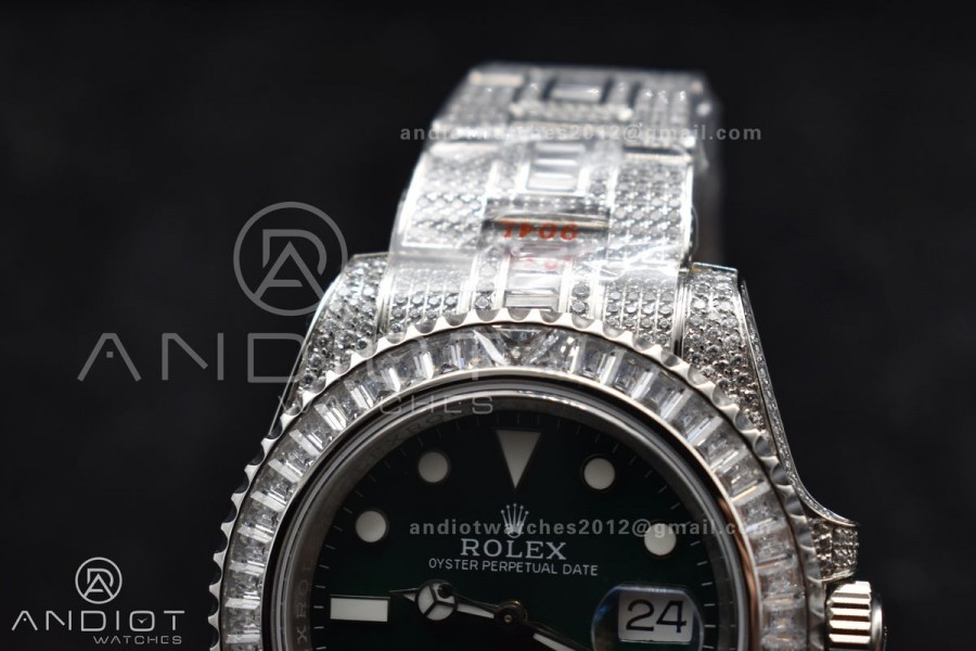 Submariner 40mm Full Diamonds SS AMGF Best Edition Green Dial on Bracelet on VR3135
