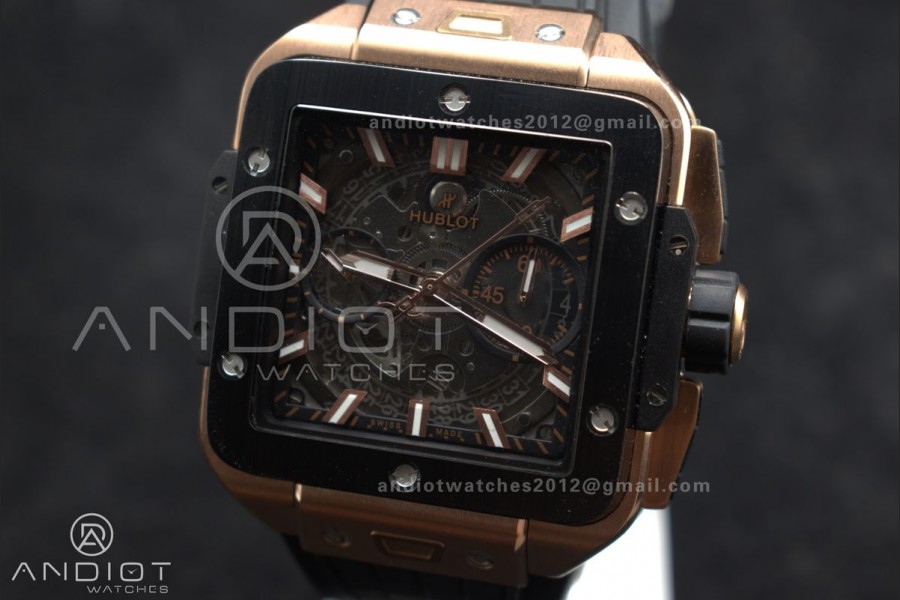 Square Bang Unico 42mm RG BBF 1:1 Best Edition Skeleton Dial Ceramic Bezel on Black Rubber Strap A1280
