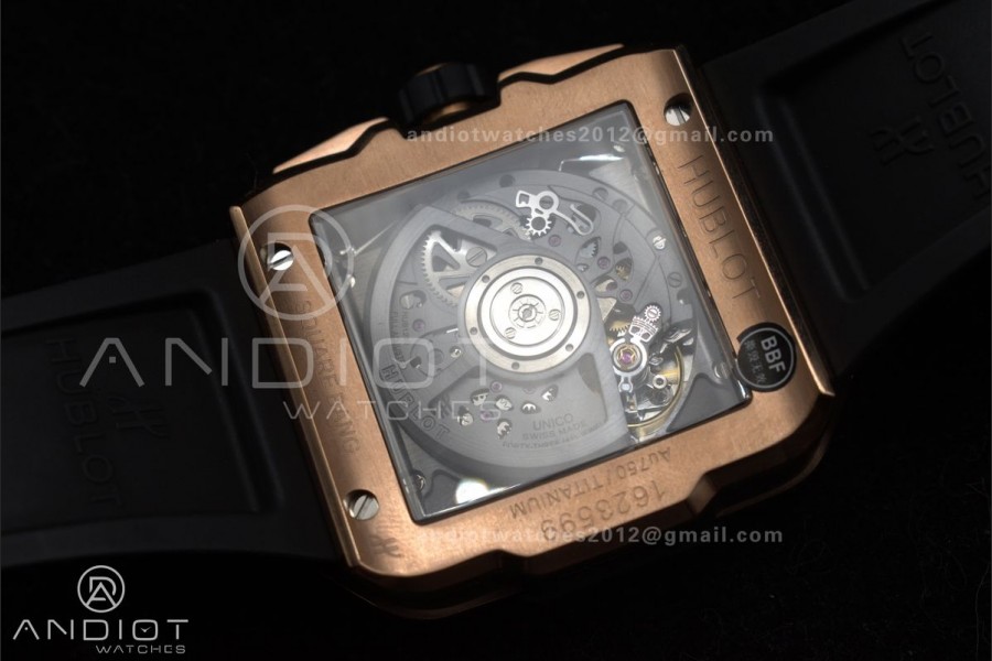 Square Bang Unico 42mm RG BBF 1:1 Best Edition Skeleton Dial Ceramic Bezel on Black Rubber Strap A1280