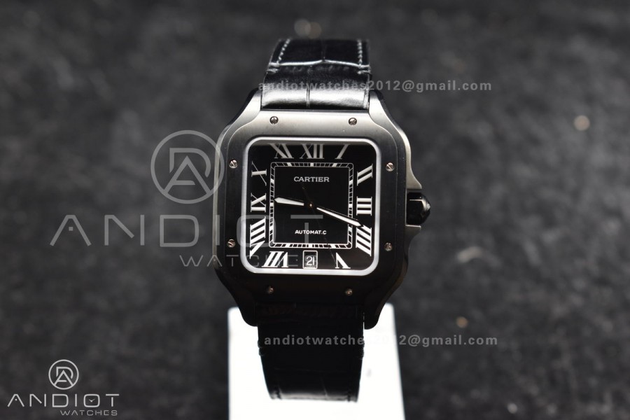 Santos de Cartier 40mm PVD BVF 1:1 Best Edition Black Dial on Black Leather Strap MIYOTA 9015