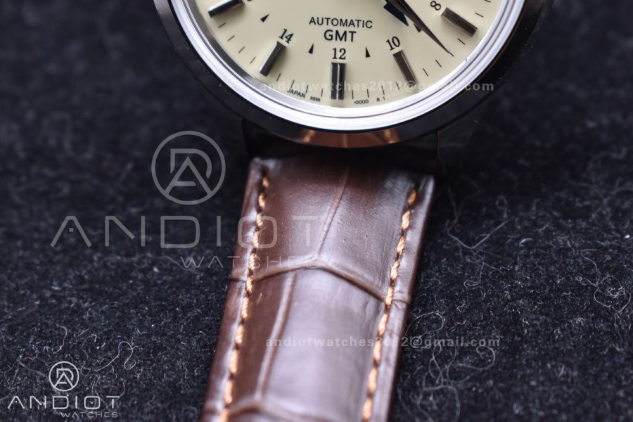 Grand Seiko Elegance GMT SS GSF 1:1 Best Edition Cream Dial on Brown Leather Strap NH34