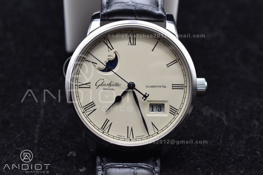 Excellence Panorama Date Moon Phase SS V9F White Dial on Black Leather Strap A100