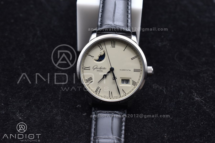 Excellence Panorama Date Moon Phase SS V9F White Dial on Black Leather Strap A100