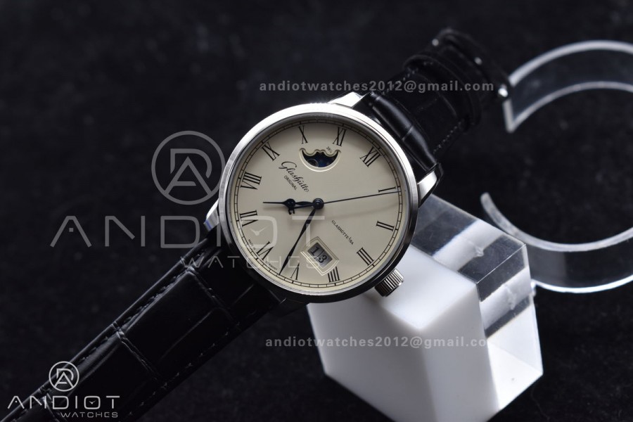 Excellence Panorama Date Moon Phase SS V9F White Dial on Black Leather Strap A100