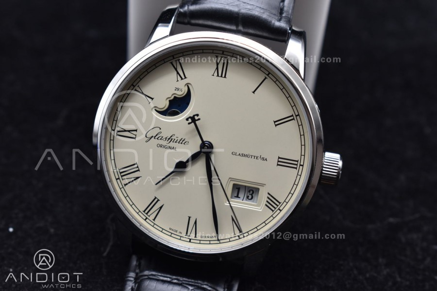 Excellence Panorama Date Moon Phase SS V9F White Dial on Black Leather Strap A100