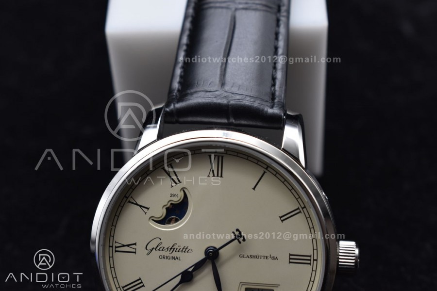 Excellence Panorama Date Moon Phase SS V9F White Dial on Black Leather Strap A100