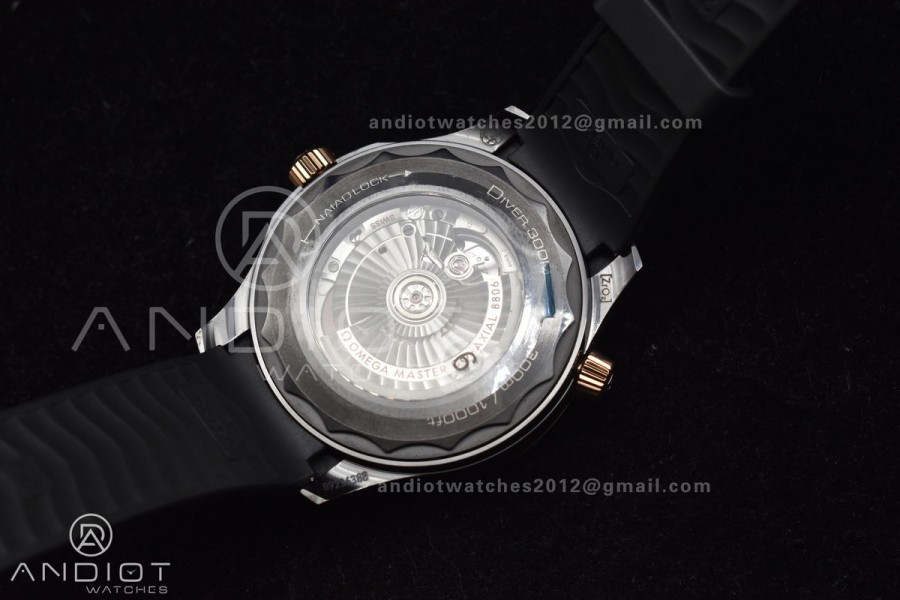 Seamaster 300m 43.5mm Black Ceramic VSF 1:1 Best Edition Black Dial RG Bezel on Black Rubber Strap A8806