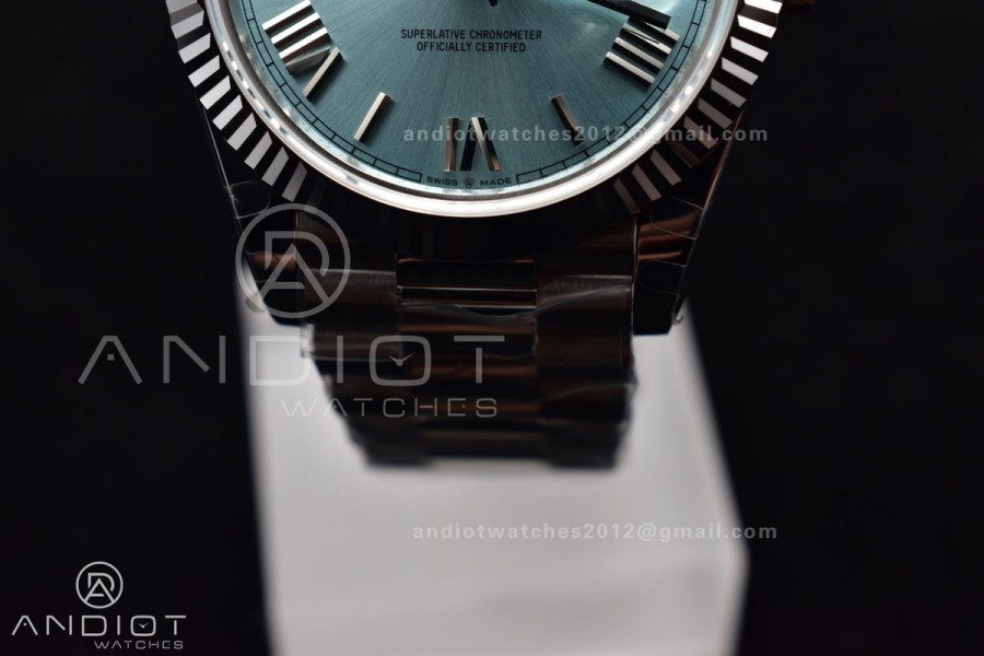 DayDate 40 SS GMF 904L Steel Iced Blue Dial Roman Markers On President Bracelet A3255 V2
