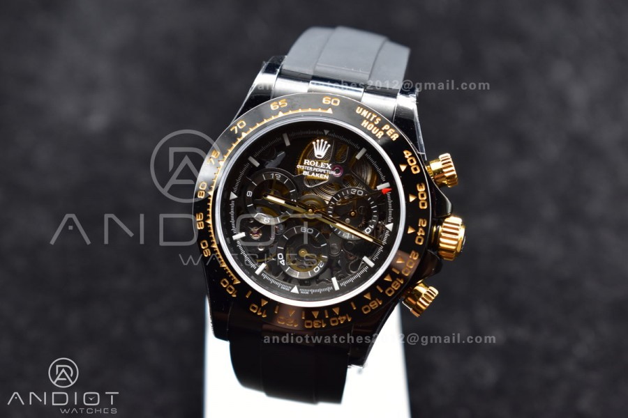 Blaken Daytona PVD Ceramic Bezel GETF Best Edition Skeleton Gold Dial on Black Rubber Strap SA4130