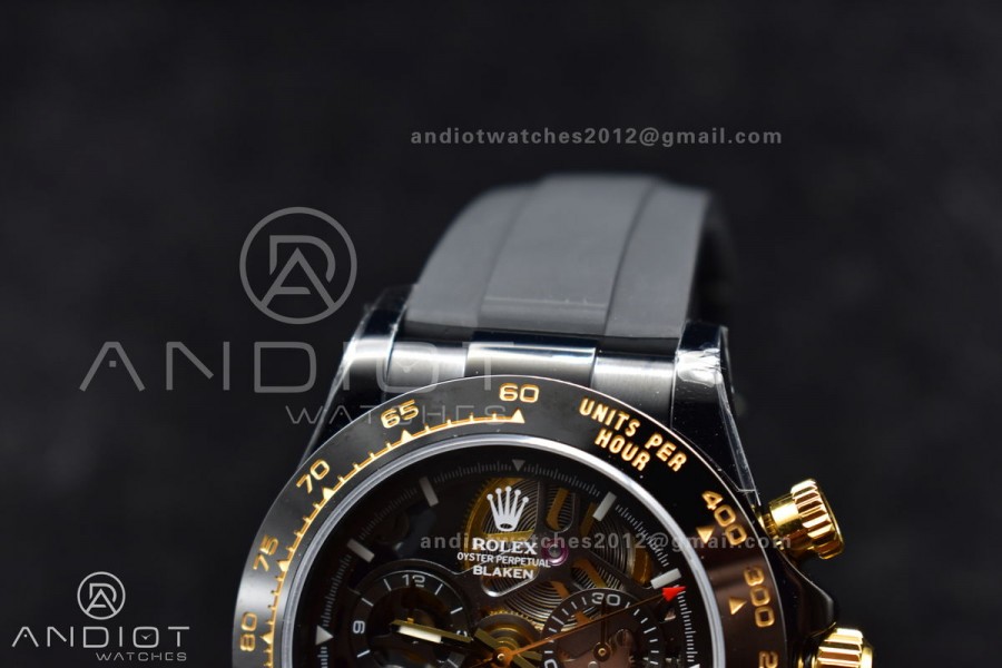 Blaken Daytona PVD Ceramic Bezel GETF Best Edition Skeleton Gold Dial on Black Rubber Strap SA4130