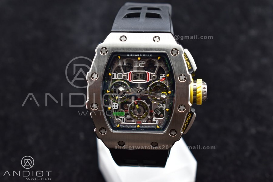 RM011 SS Chrono KVF 1:1 Best Edition Crystal Dial Black on Black Rubber Strap A7750 V3