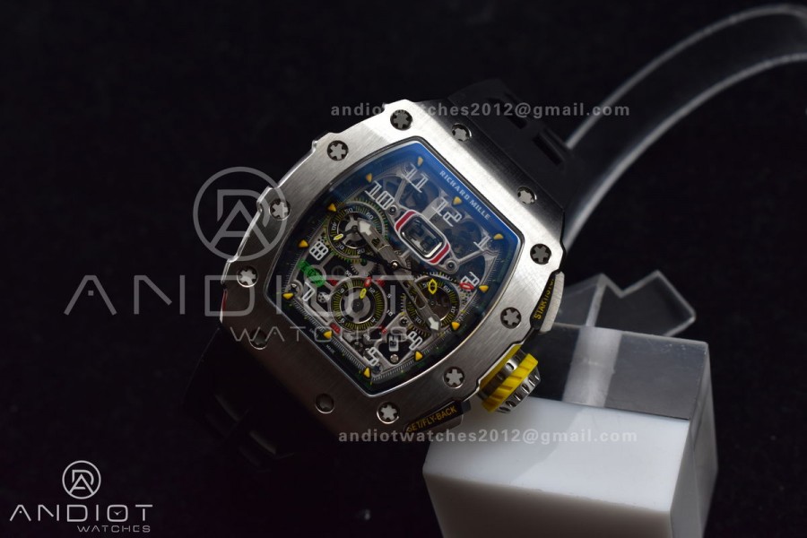 RM011 SS Chrono KVF 1:1 Best Edition Crystal Dial Black on Black Rubber Strap A7750 V3