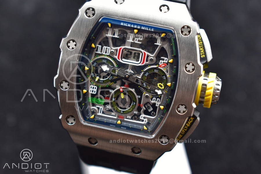 RM011 SS Chrono KVF 1:1 Best Edition Crystal Dial Black on Black Rubber Strap A7750 V3