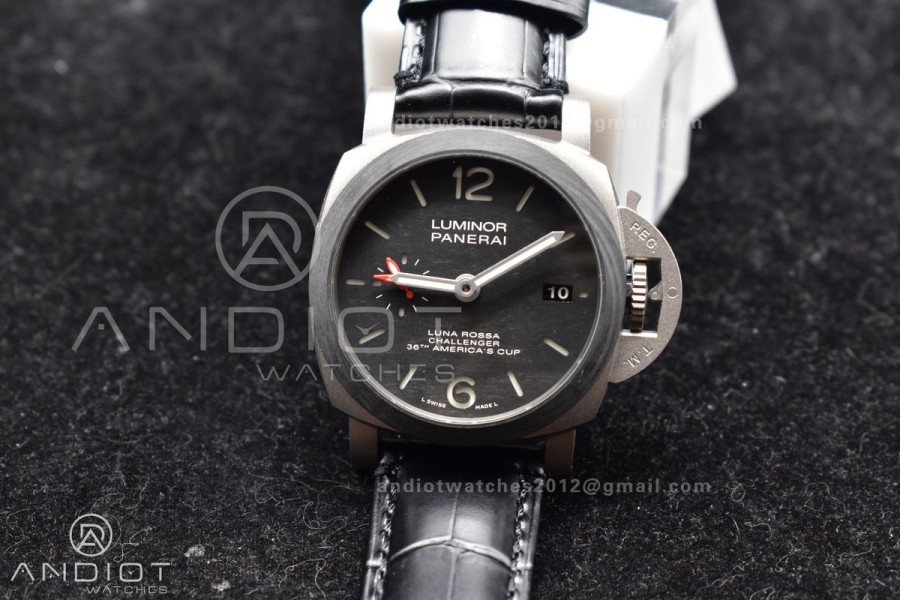 PAM1096 W Luminor GMT 42mm Titanium VSF 1:1 Best Edition Black Dial on Black Leather Strap P.9011 Super Clone