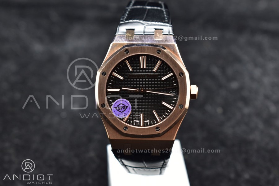 Royal Oak 41mm 15400 RG APSF 1:1 Best Edition Black Textured Dial on Black Leather Strap SA3120 Super Clone V3