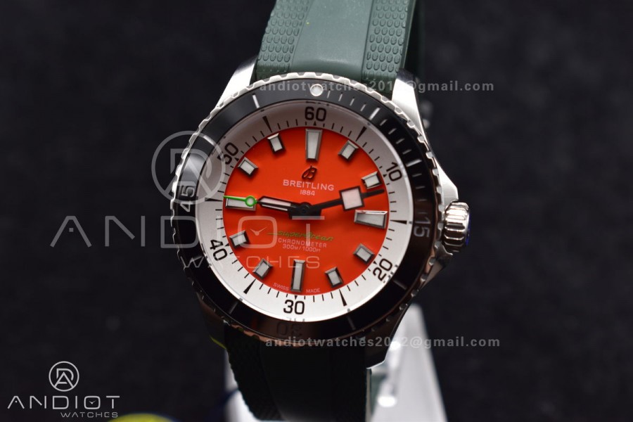 SuperOcean Automatic 42 SS BLSF 1:1 Best Edition Orange Dial on Green Rubber Strap A2824