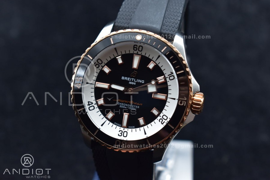 SuperOcean Automatic 42 SS/RG BLSF 1:1 Best Edition Black Dial on Black Rubber Strap A2824