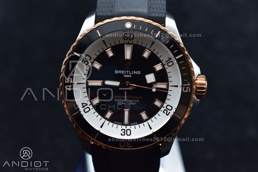 SuperOcean Automatic 42 SS/RG BLSF 1:1 Best Edition Black Dial on Black Rubber Strap A2824