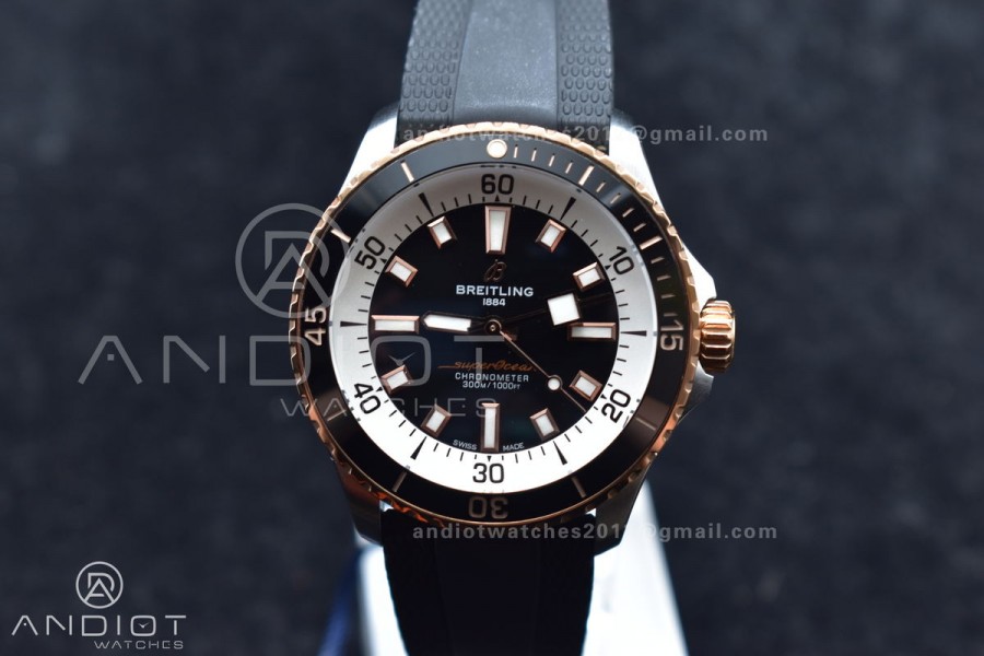 SuperOcean Automatic 42 SS/RG BLSF 1:1 Best Edition Black Dial on Black Rubber Strap A2824