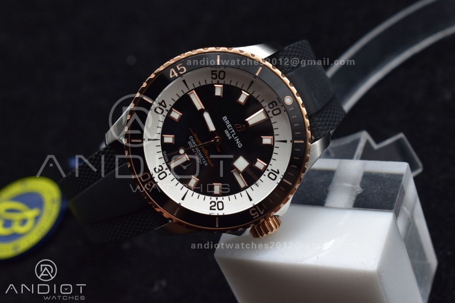 SuperOcean Automatic 42 SS/RG BLSF 1:1 Best Edition Black Dial on Black Rubber Strap A2824