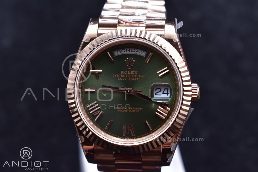 DayDate 40 RG GMF Tungsten Weighted 904L Steel Green Dial Roman Markers on President Bracelet A2836 V2