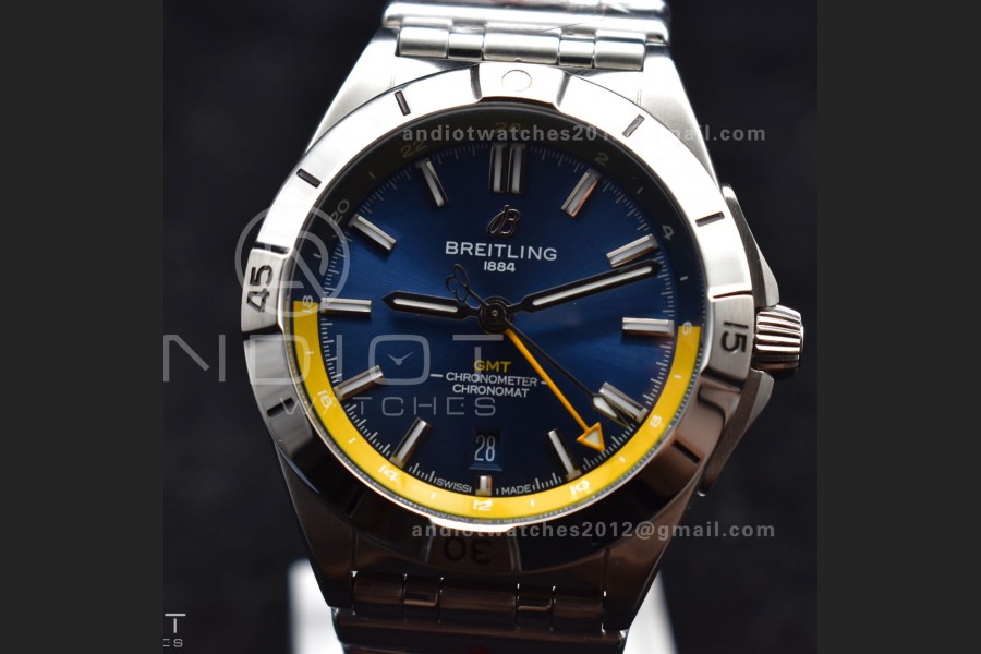 Breitling BLS Factory Chronomat Automatic 1:1 Best Edition GMT 40mm Blue Dial with Inner Yellow Rim On SS Bracelet A2836
