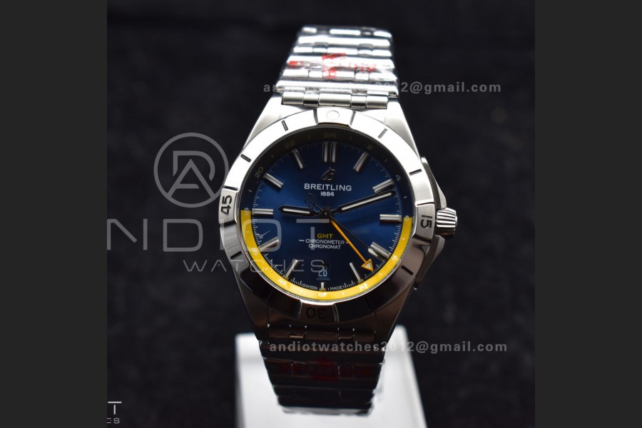 Breitling BLS Factory Chronomat Automatic 1:1 Best Edition GMT 40mm Blue Dial with Inner Yellow Rim On SS Bracelet A2836