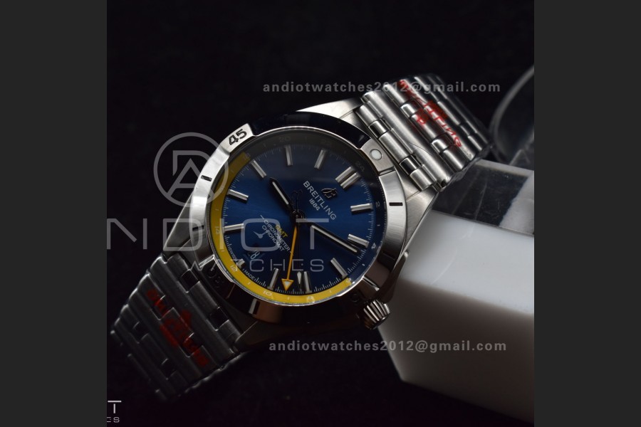 Breitling BLS Factory Chronomat Automatic 1:1 Best Edition GMT 40mm Blue Dial with Inner Yellow Rim On SS Bracelet A2836