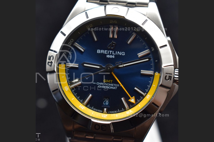 Breitling BLS Factory Chronomat Automatic 1:1 Best Edition GMT 40mm Blue Dial with Inner Yellow Rim On SS Bracelet A2836