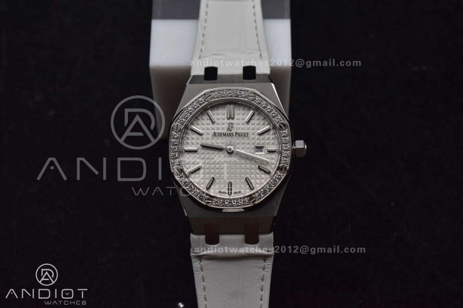 Lady Royal Oak 33mm 67651 SS/Diamond Bezel V7F 1:1 White Textured Dial On White Croco Leather Strap Ronda Quartz to AP Cal.2713