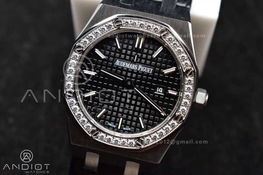 Lady Royal Oak 33mm 67651 SS/Diamond Bezel V7F 1:1 Black Textured Dial On Stainless Strap Ronda Quartz 