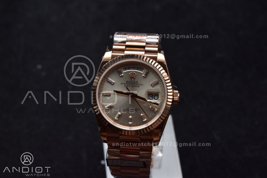 DayDate 36 RG QF Best Edition 904L Steel Silver Dial with Stick Diamond on President Bracelet vr3255 V5 (Gain Weight)