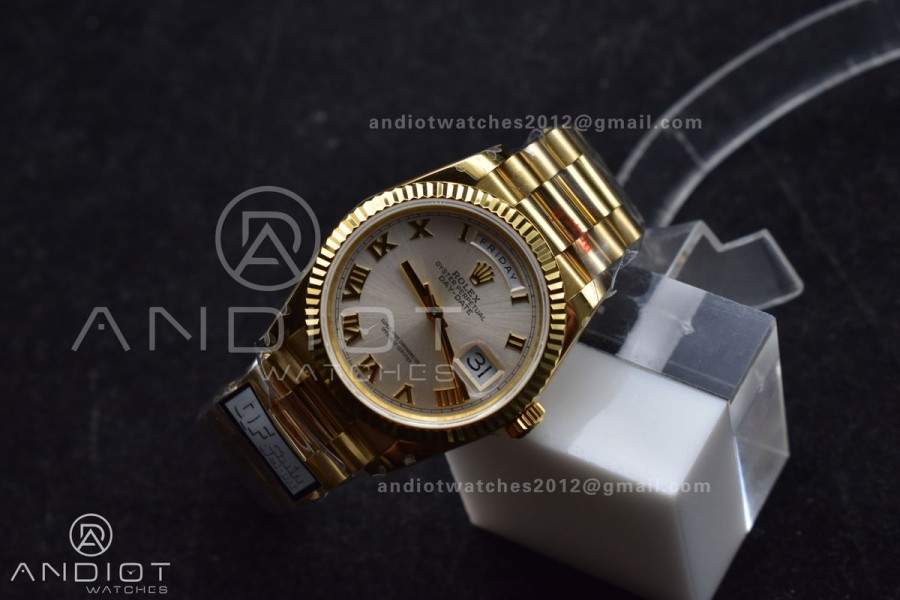 DayDate 36 YG QF Best Edition 904L Steel Silver Dial with Roman Markers on President Bracelet vr3255 V5 (Gain Weight)