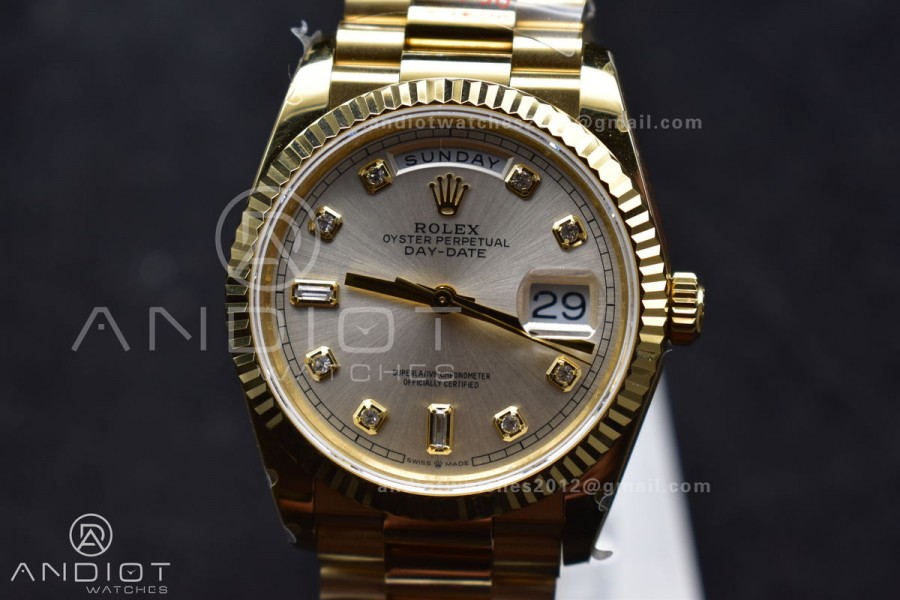DayDate 36 YG QF Best Edition 904L Steel Silver Dial with Square Diamond on President Bracelet vr3255 V5 (Gain Weight)